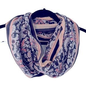 Infinity loop scarf in pink, peach, & dark blue classic print w stripe border